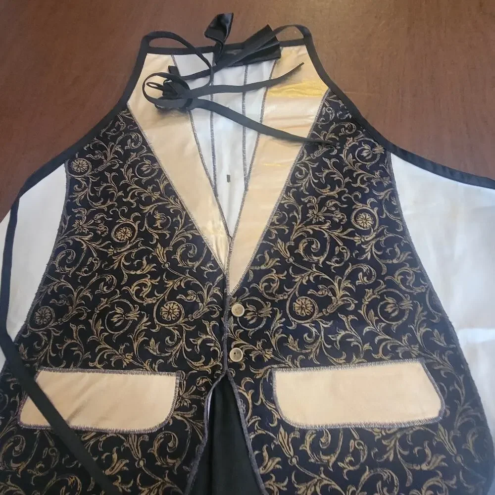 Vintage Y2K Novelty Tuxedo BBQ Cooking Apron Gold Black Brocade Vest Print Retro
